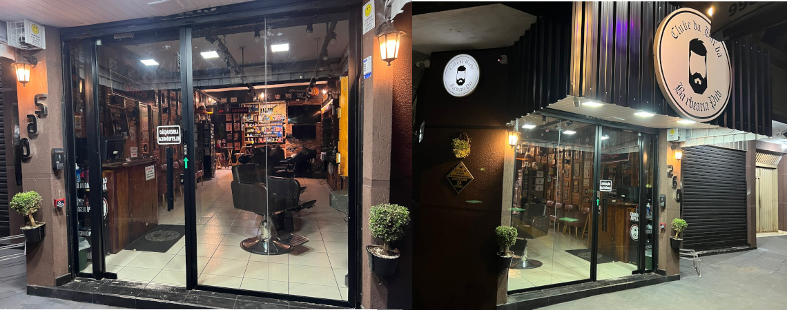 Fachada do Clube da Barba de dia e à noite